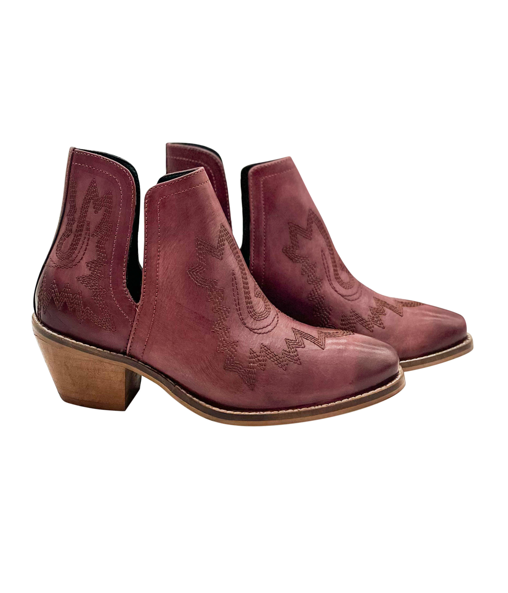 Kickin Booties Burgundy Leather Western Embroidered Heel Naughty Monkey